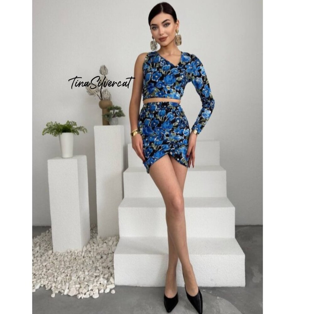 BLOGGER'S FAVE! Zara 2 Piece Mini Skirt And Top Set Blue Sz XS, Small NWT - Picture 5 of 17